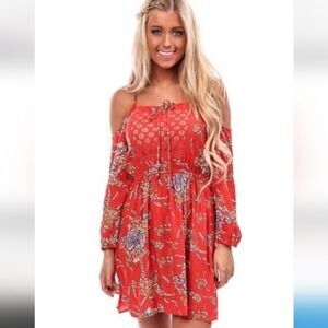 Boutique Floral Mini Dress Cold Shoulder Junior Large